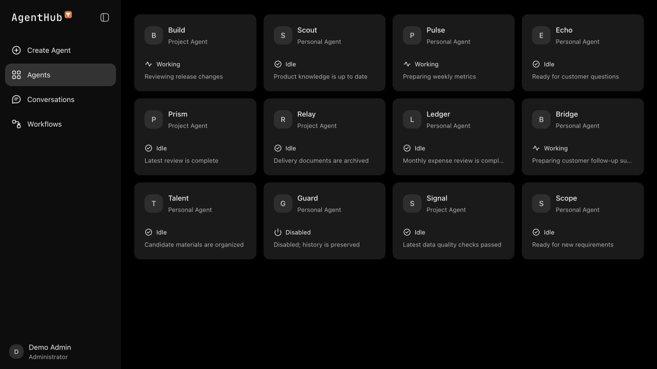 AgentHub fleet console showing agent status and management controls