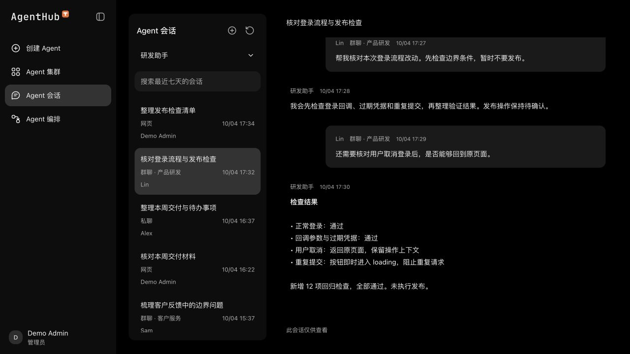 AgentHub 会话界面,展示会话列表、消息来源与 Agent 回复